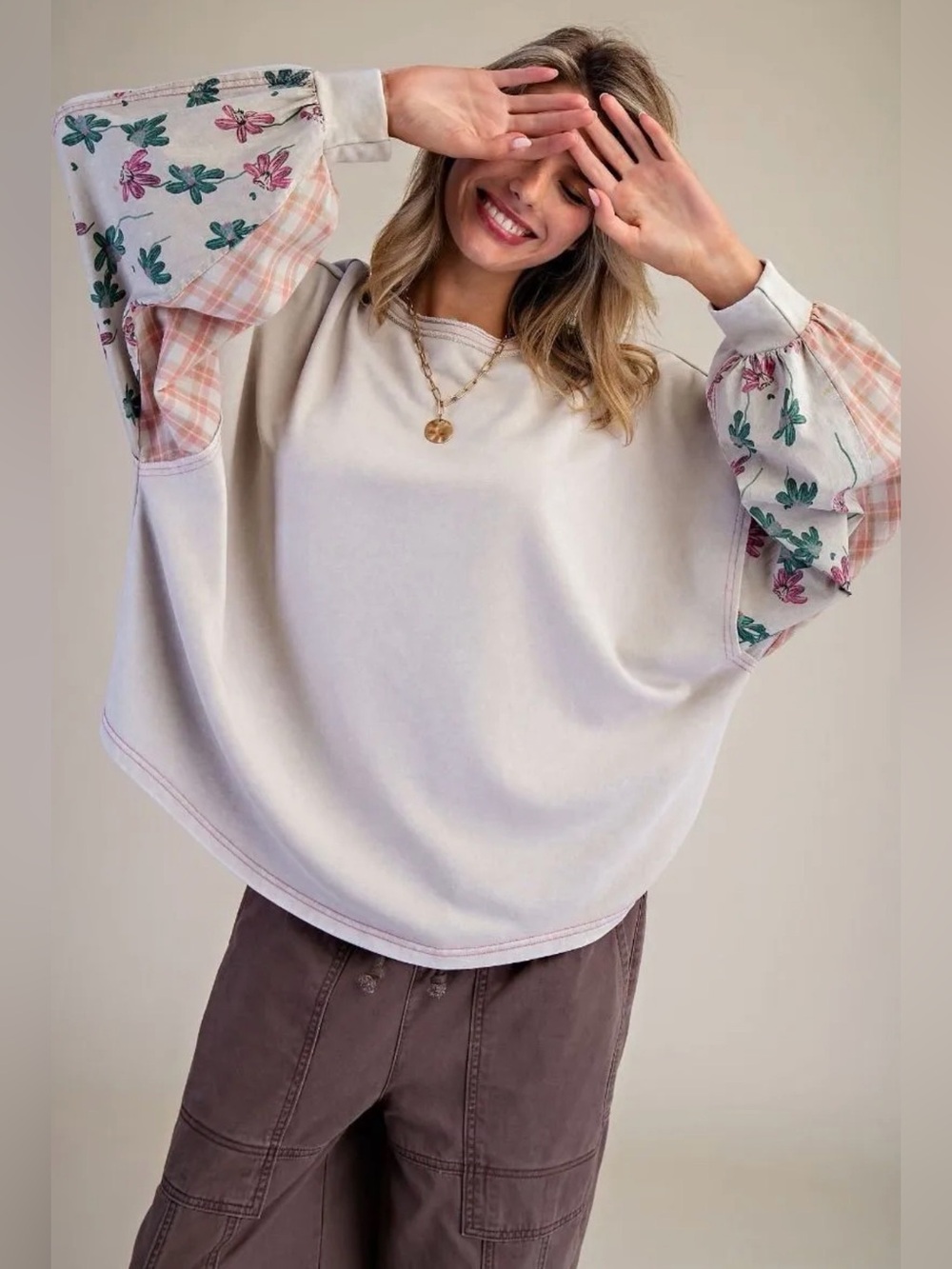Easel Mushroom Pullover with Floral Patchwork Balloon Sleeves
